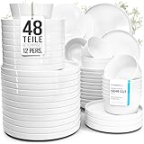 Porzellan Geschirrset 12 Personen Crystal 48 tlg. TESTSIEGER, Cooles klares Porzellan Geschirr Set, Schüssel- und Teller Set, Tafelservice 12 Personen, Geschirrsets Pure Living in weiß