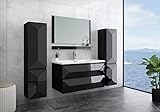 Faizee Möbel Miran Schwarz Badmöbel Set 90 cm – Hochglanz Weiß & Eiche – mit Spiegel, Keramik-Waschbecken, Soft-Close Unterschrank – 6-teiliges Badezimmer Set