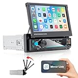 Autoradio 1 Din mit Bluetooth Freisprecheinrichtung,7 Zoll Manuell Ausfahrbarem Display Auto Radio mit FM Radio Lenkradfernbedienung Mirror Link,Unterstützung USB/AUX/Type-c 7 Farbenmit Rückfahrkamera