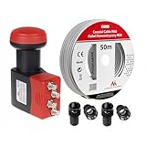 Maclean MCTV-671 QUAD LNBF mit 50m Kabel und 4x F-Stecker | Geeignet für Analoger und Digitaler Satelliten-Receiver 0,1 dB SKY 3D Full HD Tauglich Digital Switch Full HDTV LNB