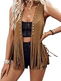 Acrawnni Damenweste mit Quasten, 70er-Jahre, Hippie-Kunstwildleder, Nieten, ärmellos, Fransen, Wester, Jacke, offene Vorderseite, Boho, Westernjacke, Cardigan, C-Dunkelbraun, L