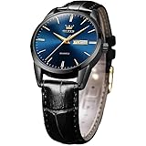 OLEVS Herren-Armbanduhr, leuchtend, lässig, Lederuhren für Herren, leicht zu lesen, Quarz-Zahlen, modische Uhr mit Datum, wasserdicht, blau/schwarz/analog, Herren-Armbanduhren, 6898 Herren-schwarzes