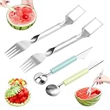 Melonenschneider 4 STK,Wassermelonenschneider Edelstahl,Melonenausstecher für Würfel und Kugeln,Obstschneider für Papaya,Wassermelonenmesser,Kugelausstecher für Melonen,Edelstahl Melonenschneider