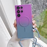 QGGNMGT Halsketten-Lanyards, kabelloses Laden, magnetische Hülle mit Farbverlaufsmuster für Samsung S25, S24, S23 Ultra, S22, S21 Plus, Matte Silikonhülle, lila-grau, für Note 20 Ultra