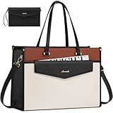 LOVEVOOK Laptoptasche Damen 15,6 Zoll, Wasserdicht Arbeitstasche Handtasche Groß Shopper Business Aktentasche Tasche Lehrertasche, Mittelgroß PU Leder Tote Bag Schultasche für Uni, Schwarz Beige Braun
