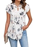 Cuptacc Tunika Damen V-Ausschnitt Kurzarm Blusen Damen Sommer Elegant Locker Einfarbig Oberteile Weiß Blume, XL 46-48