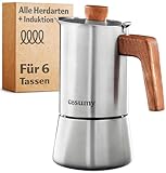 Cosumy Espressokocher Induktion für alle Herdarten geeignet - Mokkakanne Edelstahl 6 Tassen und FSC Eichenholz - Extra Silikondichtung - 300ml