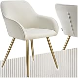 tectake® Esszimmerstuhl, Sessel bequem mit Armlehne, Polsterstuhl, Cord Cocktailsessel, Loungesessel für Wohnzimmer, Esszimmer, Moderne Küchenstühle, Bürostuhl - Creme/Gold