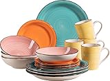 MÄSER 931498 Bel Tempo II 16-teiliges Vintage Geschirr-Set für 4 Personen, handbemaltes Keramik Kombiservice, bunt, Steingut, Türkis/Rosa/Orange/Gelb