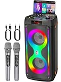 Karaoke-Maschine, Tragbarer Bluetooth-Lautsprecher mit 2 drahtlosen Mikrofonen für Erwachsene, PA-System mit Disco-Lichtern für große Party, Outdoor, unterstützt USB/TF/Rec/AUX