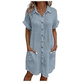 strandkleider knielang, Musselin Kleid Damen Sommer Kurzarm Strandkleid Freizeitkleid V-Ausschnitt Casual Sommerkleid Blusenkleid Einfarbig Elegant Midikleid Hemdkleid Leicht Locker Luftig Shirtkleid
