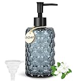 500ml Seifenspender für Bad & Küche, Wabendesign Glas Seifenspender Badezimmer Soap Dispenser Nachfüllbarer Handseifenspender mit Schwarz Kunststoffpumpe, Hölzerne Etiketten, Trichter (Charcoal Blue)