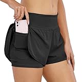 COTOP Laufhose Damen Kurz, 2 in 1 Sporthose Kurze Sommer mit Tasche, Midwaist Sport Shorts Teenager Mädchen mit Elastisch Unterhose für Volleyball, Joggen, Gym (Schwarz S)