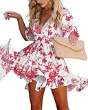 Imily Bela Sommerkleid Damen V Ausschnitt Kurzarm Strandkleid Knielang Blumen A-Linie Drucken Kleid(A-Rot,L)