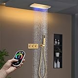 Duschsystem mit Unterputz, LED 64 Farben Duschset Duscharmatur Komplettset mit 40X20CM Regendusche Duschkopf mit Handbrause, Messingkörper (Gebürstetes Gold)