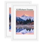 LUOJINYI 2 Stück Bilderrahmen A3(29,7x42cm) aus Holz, A3 Rahmen, Bilderrahmen DIN A3 mit Weiße Passepartout und Acrylglas, Posterrahmen mit Passepartout, für Wandmontage Vertikal Oder Horizontal(Weiß)