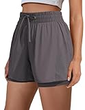 PINSPARK Damen Sporthose Kurze Laufhose High Waist Sport Shorts Atmungsaktiv Fitness Runningshorts mit Handytaschen Gym Sportshorts 2 in 1 Radlerhose Dunkelgrau L
