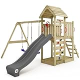 WICKEY Spielturm Klettergerüst MultiFlyer mit Holzdach, Schaukel & anthraziter Rutsche, Outdoor Kinder Kletterturm mit Sandkasten, Leiter & Spiel-Zubehör für den Garten