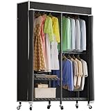 Higeego H9 Kleiderständer mit Abdeckung, robuster Kleiderständer zum Aufhängen von Kleidung, tragbarer Schrank mit Rollen, Kleiderschrank mit verstellbaren Regalen, schwarzes Regalregal mit schwarzem