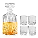 Krollmann Whisky Karaffe 900 ml inklusive 4 Whiskygläser - Glaskaraffe in Kristall Flaschen Optik - Whiskykaraffe zum servieren und als Geschenk - Dekanter für die Hausbar (900 ml mit 4 Gläsern)