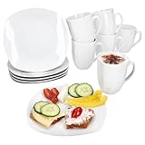 MamboCat Lotta 12tlg Frühstücksset I weißes Porzellan-Geschirr für Frühstücks- & Kaffeezeit I Je 6X Teller & Kaffeebecher 300ml, Höhe 10,5cm für 6 Personen