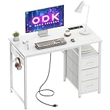 ODK Kleiner Schreibtisch mit 3 Schubladen aus Stoff, 100x48x75,5 cm Computertisch mit 2 Steckdosen und USB-Anschlüssen, Umkehrbarer PC-Schreibtisch Bürotisch für kleines Home Office, Weiß