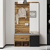 Ymkua Garderobenset Wandgarderobe, Flurgarderobe Set mit Schuhbank, Spiegel und Kissen, Garderoben Set mit 4 Kleiderhaken, Schubladen und Türen, Kompaktgarderobe, 104L x 38,5B x 190H cm