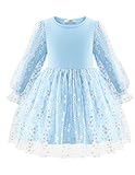 Arshiner Mädchen Kleider Tüll Spleißen Quasten Langarmkleid Kinder Laternen Ärmel A-Linie Rundhals Partykleid Festliche Freizeitkleid Herbst Winter Elegant Kleid für Mädchen 5-6 Jahre Hellblau