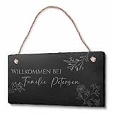 Schöne Schiefer Türschilder für die Haustür mit Gravur - 20x10 cm - Schiefer Schild mit Kordel zum Aufhängen - graviertes Haustürschild & Willkommensschild
