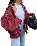 utcoco Damen-Motorradjacke aus Kunstleder, übergroß, mit Reißverschluss, Wintermantel, Oberbekleidung, Herbstmode, Rot/Ausflug, einfarbig (Getaway Solids), Medium