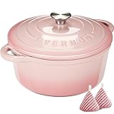 Overmont Bräter emaille Gusseisen Topf - Schmortopf 26cm backofengeeignet - mit Deckel und Kochbuch - für Küche Backen Schmoren Braten Rosa
