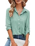 Odosalii Damen Oberteile Elegante,Einfarbig V-Ausschnitt 3/4 Ärmel Hemd Tunika,Roll Up Arbeit Musselin Shirts Oberteile Oberteil Bluse mit Knöpfen Longshirt Office Tops(Hellgrün,Small)