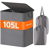 Lifewit 105L Wäschekorb mit 2 Fächern, Faltbarer großer Wäschekorb mit Deckel und 2 herausnehmbaren Wäschesäcken für Kleidung, Wäsche, Bad, Grau