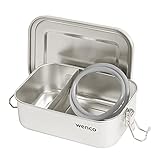 wenco Lunchbox aus Edelstahl, Mit 2 Fächern, Brotdose klein mit 650 ml Fassungsvermögen, Wasserdicht, Spülmaschinengeeignet, inkl. Ersatz-Silikonring, 15 x 11,3 x 5 cm, Silber