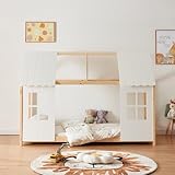 [en.casa] Kinderbett Tostedt mit Matratze Hausbett Jugendbett Bettenhaus Spielbett Halboffenes Design Montessori Bett aus massiver Kiefer Bettgestell Holz 90 x 200 cm Holz/Weiß