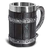 Bierkrüge, Nordic Viking Rune Biergläser Großer Eichen-Bierkrug Kaffeebecher mit Edelstahl Holz Harz 3D, Mugs für Männer, Vatertagsgeschenk 550 ml