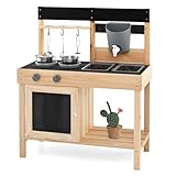 COSTWAY Matschküche Kinder Outdoor, Kinderküche Holz mit Wasserfunktion & Zubehör & Tafeln & 2 abnehmbaren Spülbecken, Spielküche Outdoor Küche für Kinder ab 2 Jahren