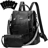 Eshow Rucksack Damen Klein, Anti-Diebstahl Elegant Cityrucksack, Wasserdichter Tagesrucksack Veganes Leder, Rucksacktasche mit Clutchbag RFID Blocker Modern für Pendeln Schule Arbeit Reise Schwarz