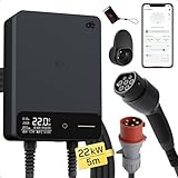 dé Typ 2 Wallbox 22kW mit APP und RFID, 6-32A 3-Phasen EV-Ladegerät 400V mit 5m Ladekabel und Kabelhalter für BEV/PHEV, RCD Typ-B & IP54-Schutz, effiziente Ladestation für Zuhause, schwarz