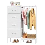 OYRREU 111cm Hoch Kommode mit 4 Stoff Schubladen, Kleine Komodenschrank mit Kleiderstange, Kommode Weiß für Schlafzimmer Wohnzimmer Hallway Dielen, Bedroom Chest of Drawers Dresser, Geschenk