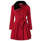 Damen Wolle Slim Gürtel Pea Zweireihiger Wintermantel, rot, 50
