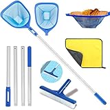 HEYIDAMAI Pool Kescher, Pool kescher Feinmaschig 187cm Lang, Pool Kescher Fein 14cm Tief, Bodenkescher Pool, Laubkescher Pool, Pool Reinigungsset mit Pool Bürste und Putztüche, für Schwimmbad,Teich