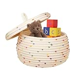 Geflochtener Baumwollseilkorb, dekorativer Aufbewahrungskorb mit Deckel, runder Regenbogen-Pompons, geflochtener Wäschekorb mit Griff, waschbar für die Aufbewahrung von Garn, Schlüsseln, Spielzeug im
