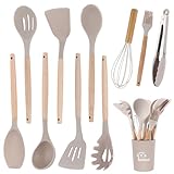 11 Stücke Kochutensilien Set, Silikon Kochbesteck Set Küchenutensilien, küchenset mit Utensilienhalter, Antihaft Küchengeräte Set mit Holzgriff, Kochgeschirr, Küchen Utensil, Spülmaschinenfest