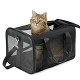 Conlun Katzenboxe Flugzeugtauglich, Weichseitige Hundetransportbox mit Innenleine, Transport für kleine bis mittelgroße Katzen und Welpen bis 7 kg, Zusammenklappbare Reisetasche -Schwarz,M