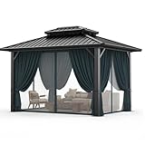 HOTEEL Hardtop-Pavillon, Aluminium-Pavillons mit verzinktem Stahl, Doppeldach, Metallpavillon mit Vorhängen und Netz, permanente Hardtop-Pavillons, Stahlpavillon für Hinterhof, Garten und Terrasse,