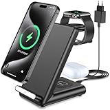 3 in 1 Kabelloses Ladegerät, Induktive Ladestation für iPhone 16 15 14 13 12 11 Pro Max/XS/8, Schnelles Ladeständer für Apple Watch Ultra 10 9 8 7 6 SE 5 4 3 und Air Pods Pro 3 2 mit 20W Fast Adapter