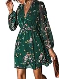 CUPSHE Damen Kleid Wickeloptik V Ausschnitt Langarm Chiffon Blumenmuster Freizeitkleider Wickelkleid Party Mini Dress Grün M