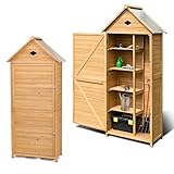 HOMASIS Gartenschrank Holz, Gerätehaus Wetterfest Outdoor, Gartenhaus mit 5 Ablagen & Schrank, Geräteschuppen mit Satteldach, Gartenschuppen Gartenhütte Geräteschrank, Natur (70x45x160cm)