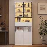 Kebnor Vitrine,Vitrinenschränke Mit Schubladen und Schränken,Glasvitrine mit Glastüren und LED,Hochschrank mit Offene Speicherplattform,Bücherschrank,Standvitrine,Weiß 70 * 30 * 200cm